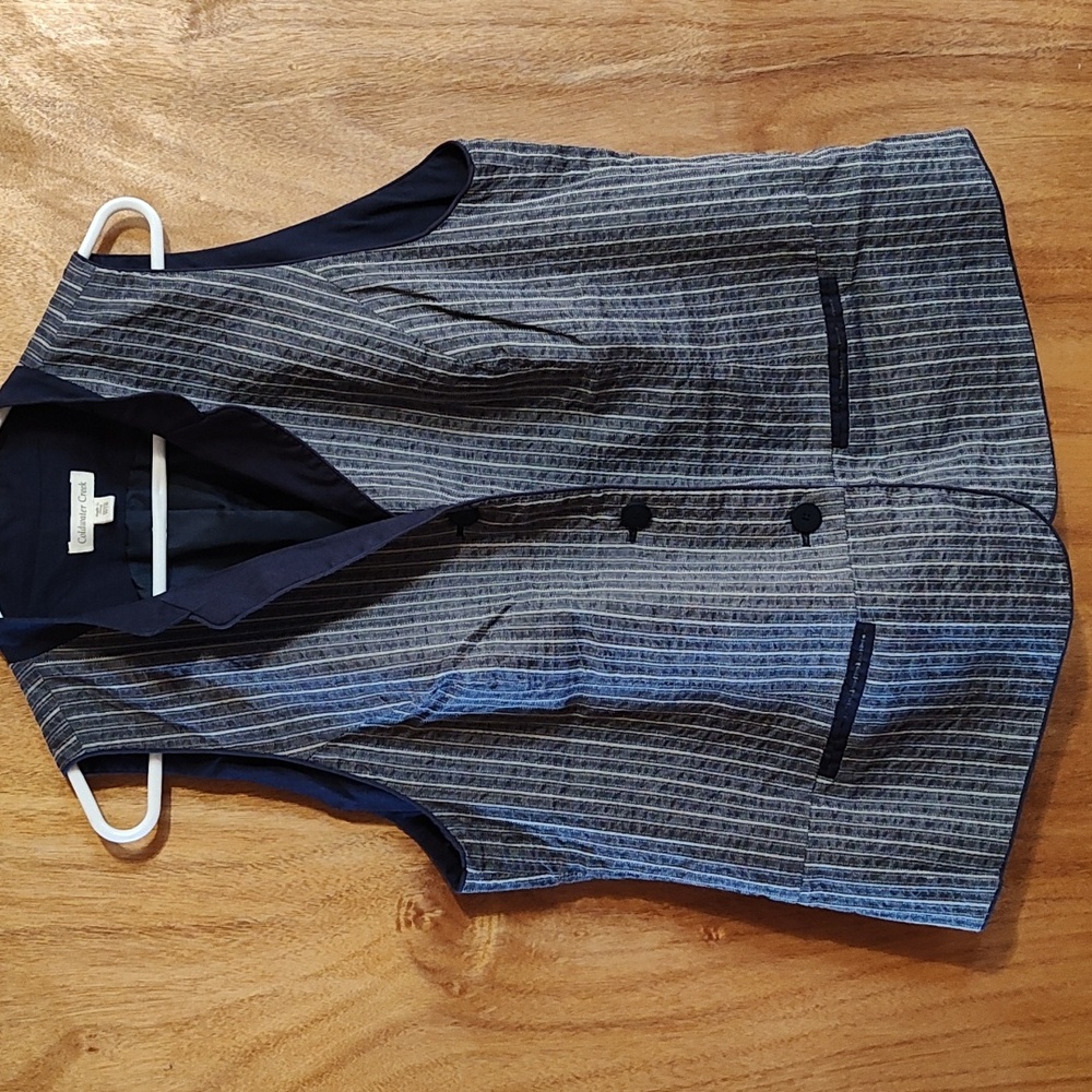 Coldwater Creek Womens Striped Vest Navy White Mandarin Collar Cotton Linen W18 - Picture 2 of 11